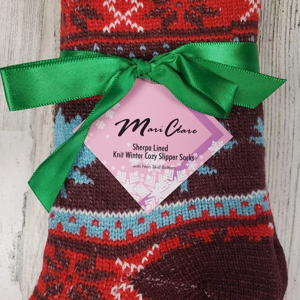 NWT Sherpa Lined Knit Winter Snowflake Leaf Design No-Slip Slipper Socks